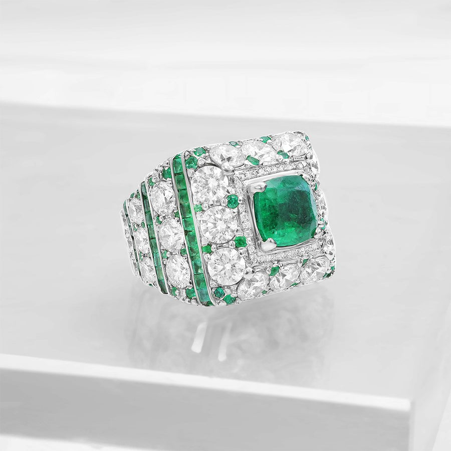 Diamond Green Emerald Pinky Ring in 14k White Gold 20 Ctw