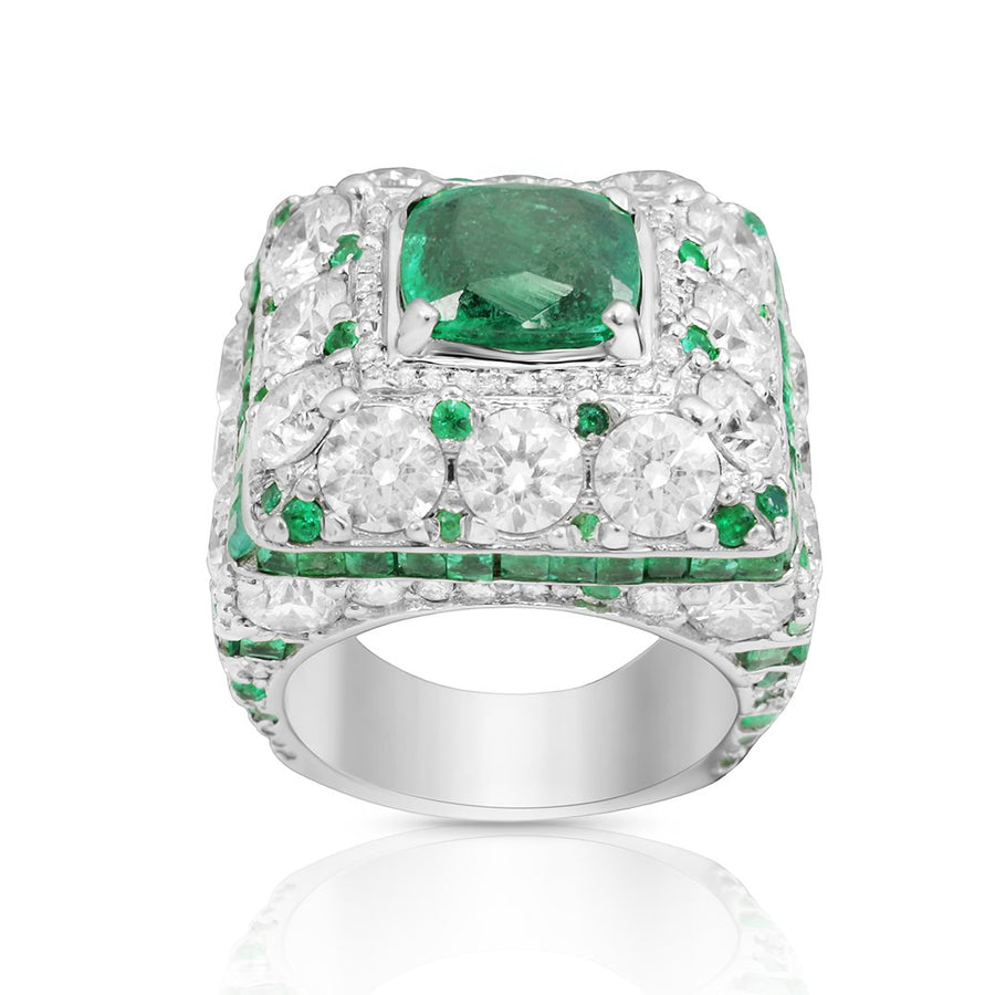 Diamond Green Emerald Pinky Ring in 14k White Gold 20 Ctw