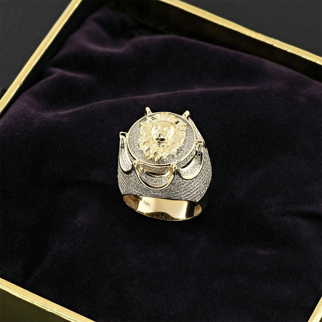 Diamond Lion Head Pinky Ring in 10k Yellow Gold 1.40 Ctw