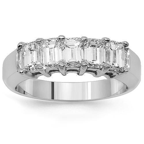 Emerald Cut Five Stone Diamond Anniversary Ring 1.50 Ctw in 14K White Gold