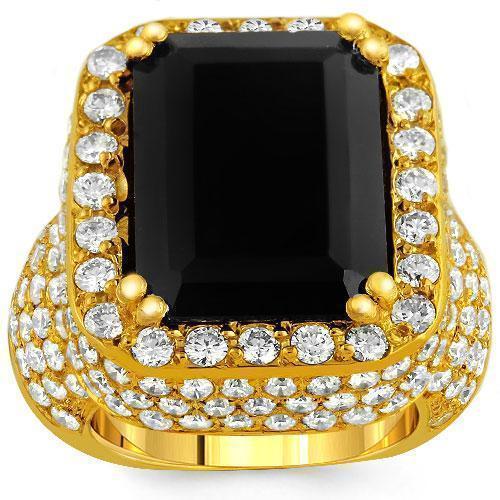 14k Yellow Solid Gold Diamond and Black Onyx Ring 18 Ctw