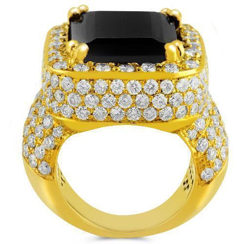 Large Diamond and Yellow Solid Gold Men's Black Onyx Ring 18 Ctw