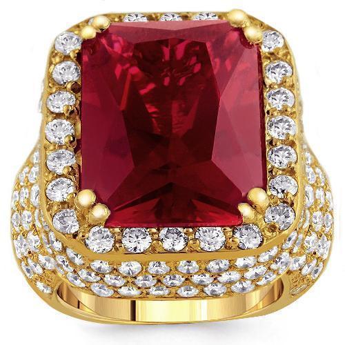 Large Diamond and Yellow Solid Gold Mens Ruby Ring 18 Ctw