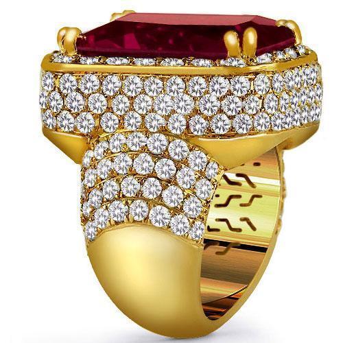 Large Diamond and Yellow Solid Gold Mens Ruby Ring 18 Ctw