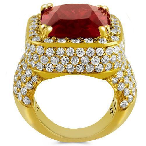 Large Diamond and Yellow Solid Gold Mens Ruby Ring 18 Ctw