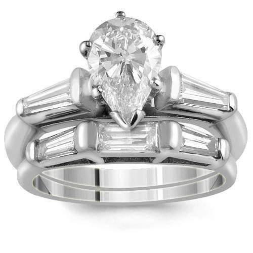 Platinum Diamond Bridal Ring Set with GIA Certified Pear Shape Diamond Stone 1.81 Ctw