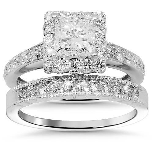 Princess Diamond Bridal Ring Set Clarity Enhanced in 14k White Gold 1.68 Ctw