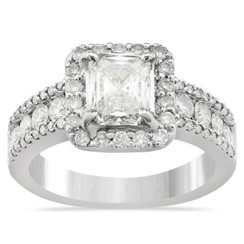 Radiant Cut Diamond Engagement Ring with Side Stones in 18k White Gold 1.82 Ctw