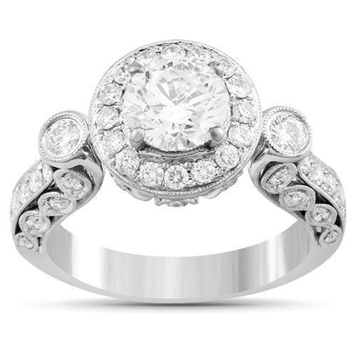 Round Cut Clarity Enhanced Diamond Engagement Ring with Side Stones in 18k White Gold 2.25 Ctw
