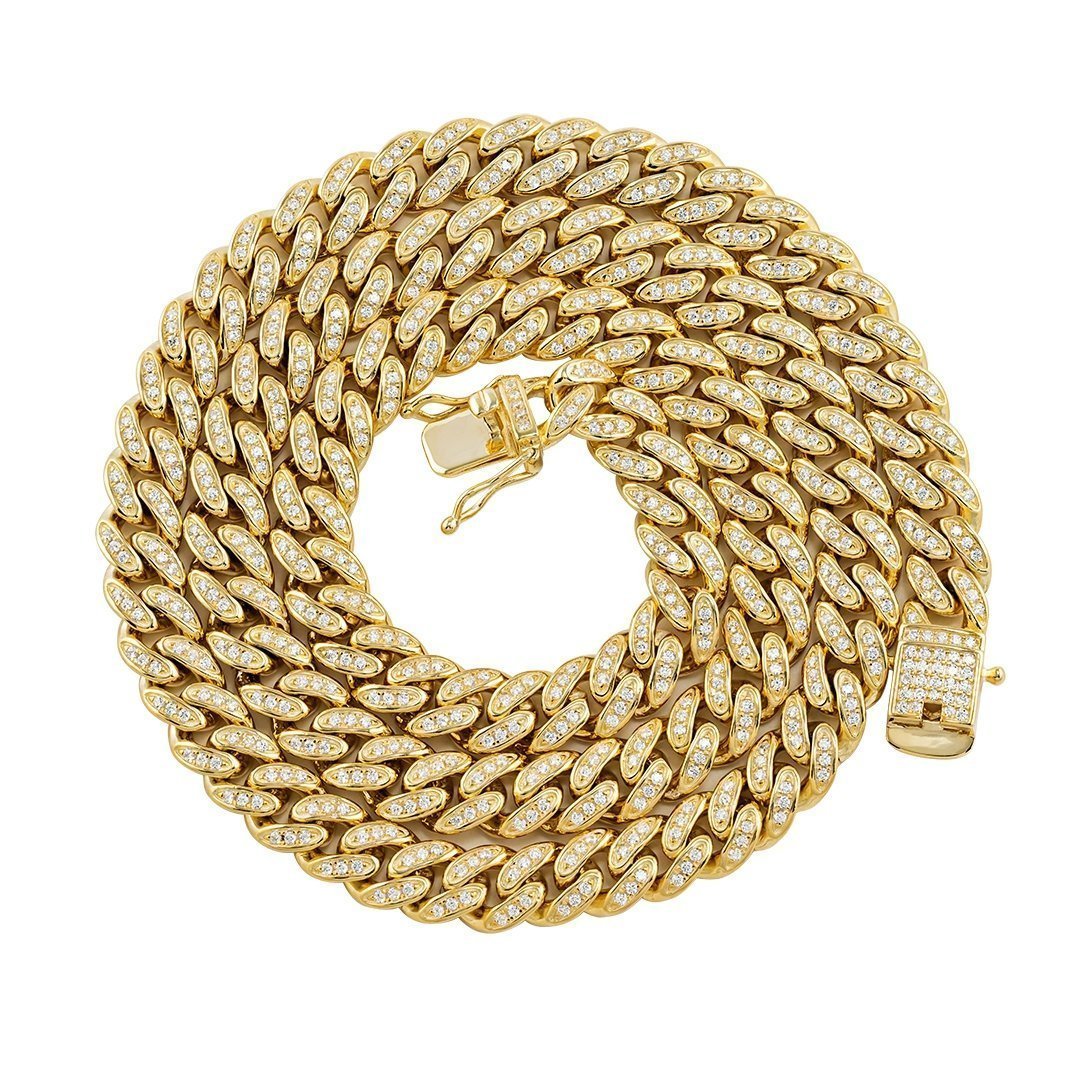 Yellow Gold Plated Silver Lab Created Stones Cuban Chain 14.1 Ctw 22 Inches 9 mm
