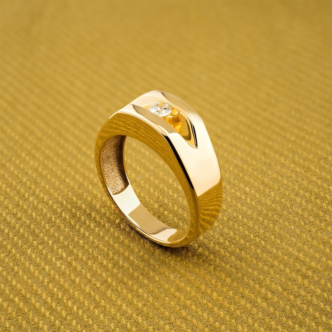 Yellow Solitaire Tension Set Mens Diamond Pinky Ring in 10k Yellow Gold