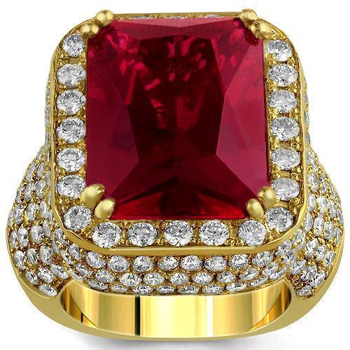 Sterling Silver Yellow Gold Plated Semi-Precious Crystal Mens Ruby Ring