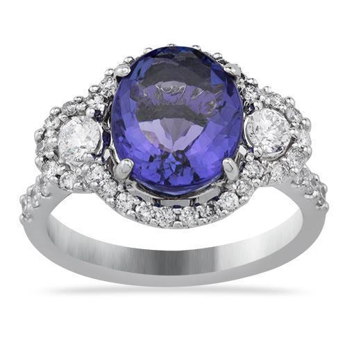 Three Stone Oval Tanzanite Ring in 18k White Gold 4.56 Ctw