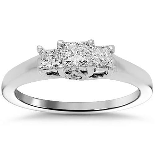 Three Stone Trellis Princess Diamond Engagement Ring 0.61 Ctw in 14K White Gold