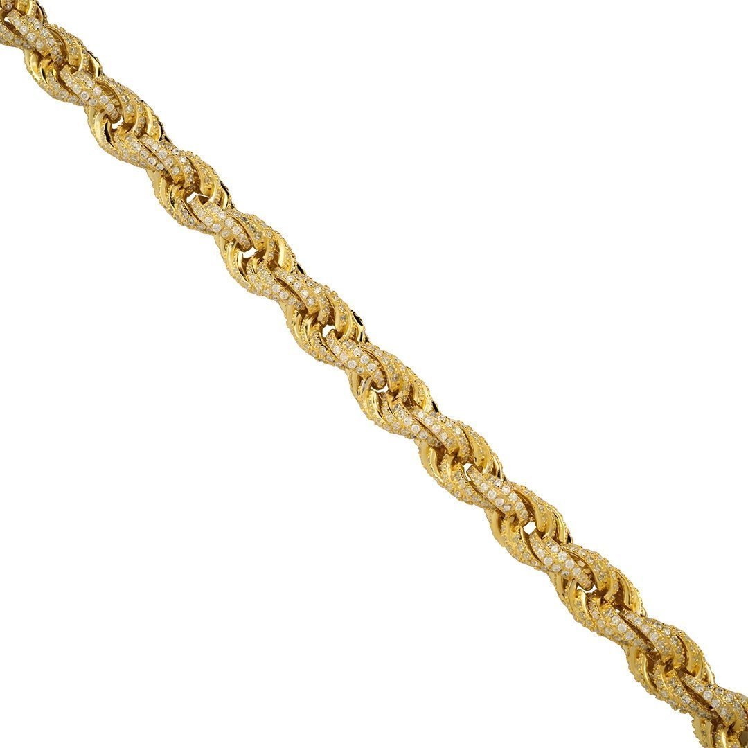 14 Yellow Gold Plated Sterling Silver Lab Created Diamonds Rope Chain 26 Inches 11 mm