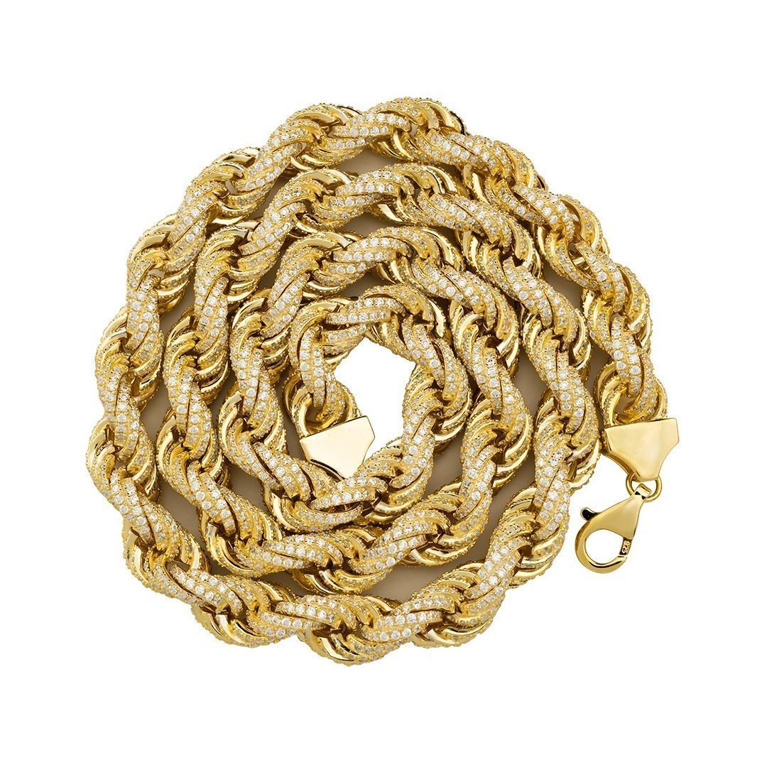 14 Yellow Gold Plated Sterling Silver Lab Created Diamonds Rope Chain 26 Inches 11 mm