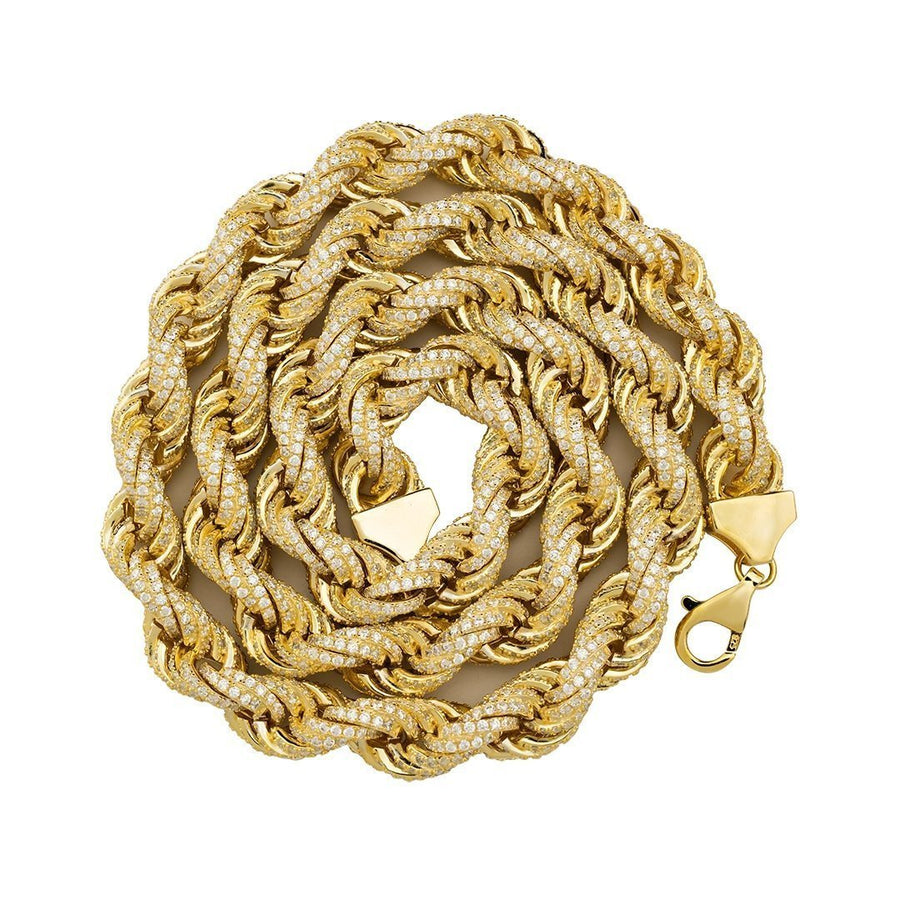 14 Yellow Gold Plated Sterling Silver Lab Created Diamonds Rope Chain 26 Inches 11 mm