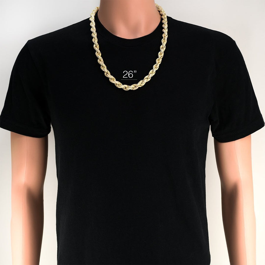 14 Yellow Gold Plated Sterling Silver Lab Created Diamonds Rope Chain 26 Inches 11 mm