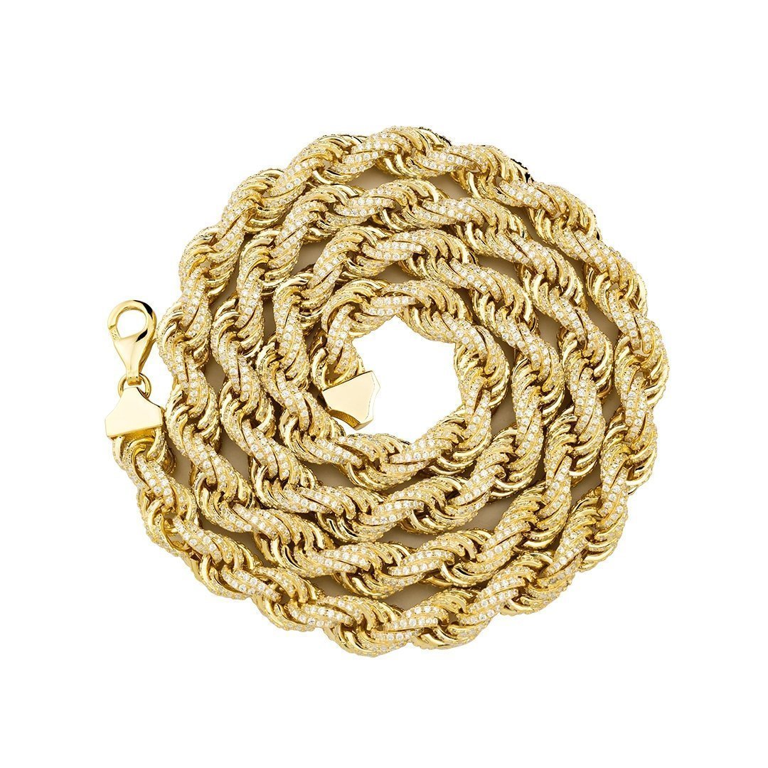 14 Yellow Gold Plated Sterling Silver Lab Created Diamonds Rope Chain 30 Inches 9.5 mm
