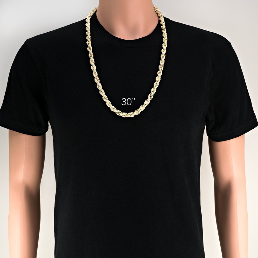 14 Yellow Gold Plated Sterling Silver Lab Created Diamonds Rope Chain 30 Inches 9.5 mm