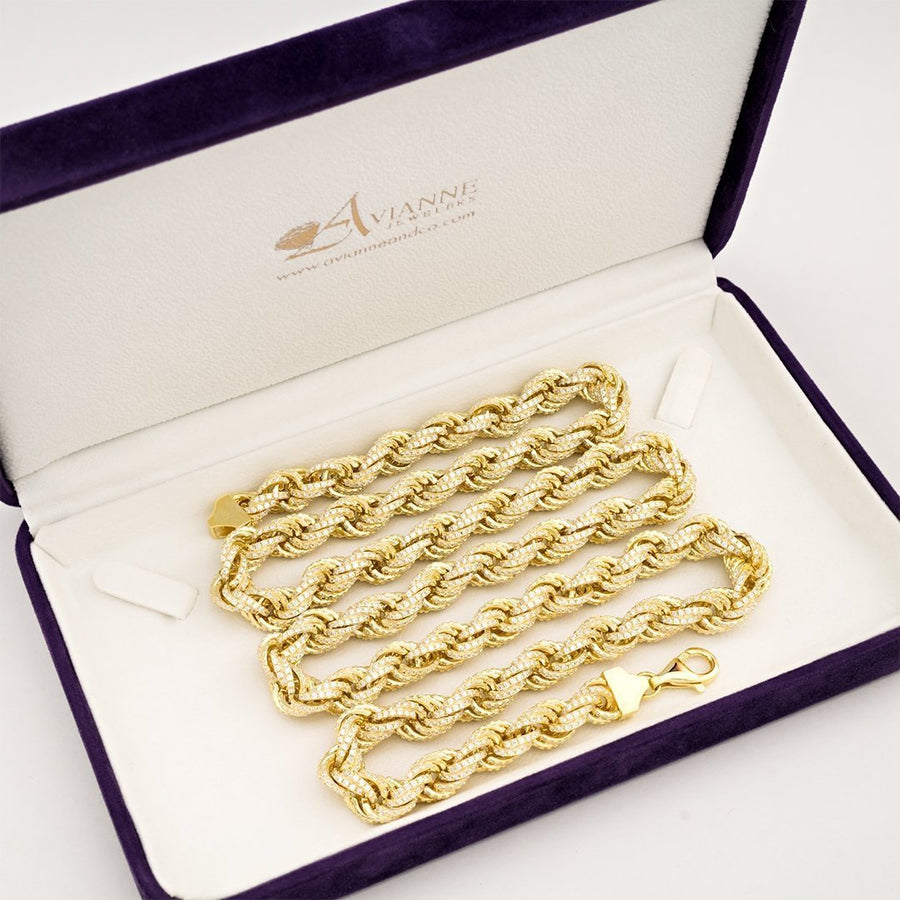 14 Yellow Gold Plated Sterling Silver Lab Created Diamonds Rope Chain 30 Inches 9.5 mm