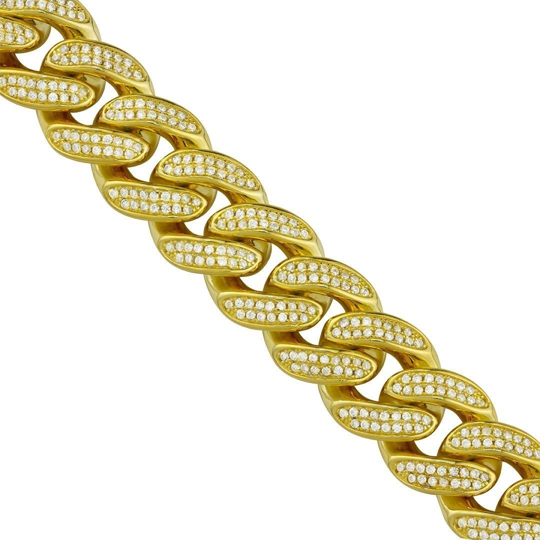 18k Yellow Gold Plated Sterling Silver Cubic Zirconia Stones Cuban Link Chain 28 inches Inches 13 mm