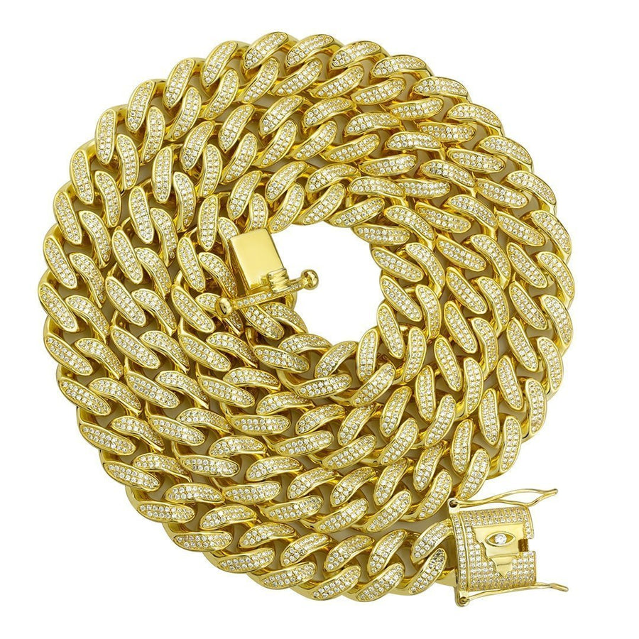 18k Yellow Gold Plated Sterling Silver Lab Created Stones Cuban Link Chain 28 inches Inches 13 mm