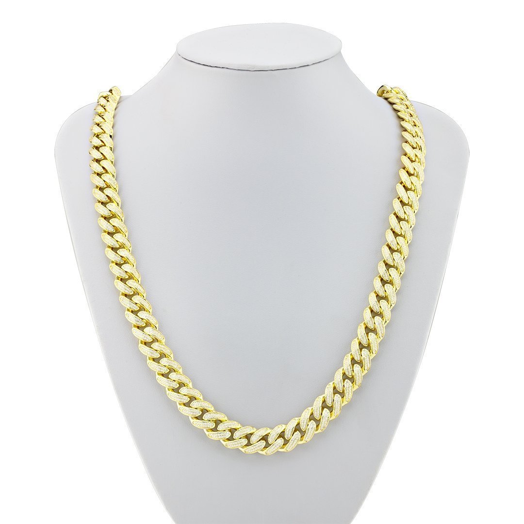 18k Yellow Gold Plated Sterling Silver Lab Created Stones Cuban Link Chain 28 inches Inches 13 mm