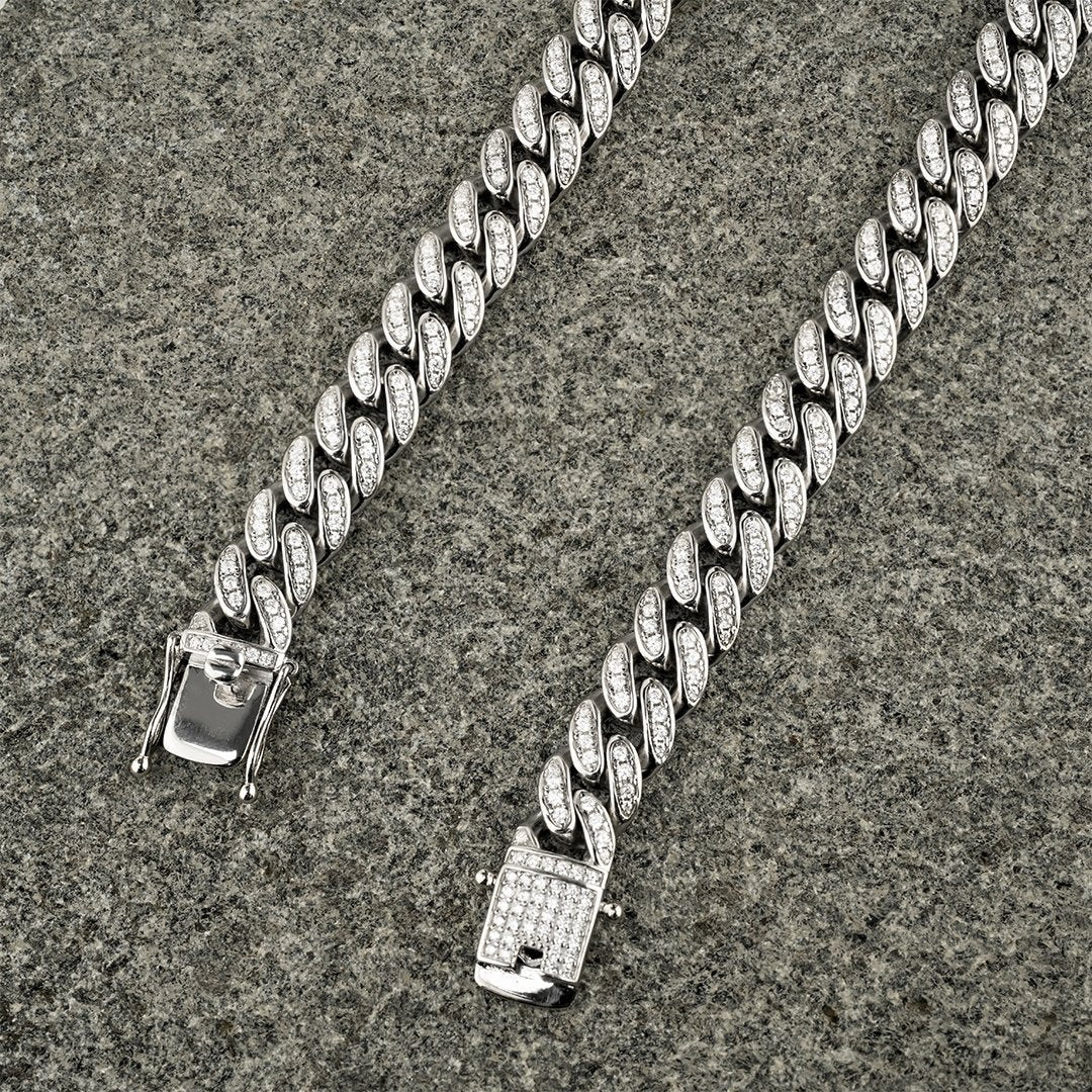 925 Sterling Silver Lab Created Stones Cuban Link Chain 22 Inches 10 mm