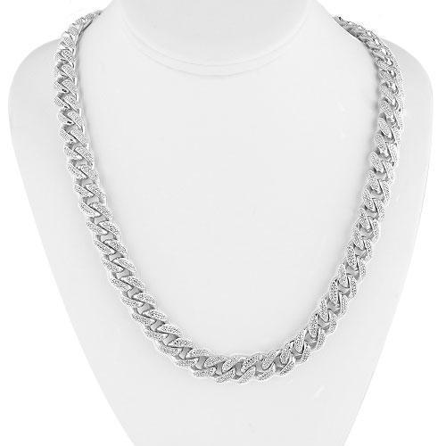 925 Sterling Silver Rhodium Plated Mens Lab Created Stones Cuban Chain 25 Ctw