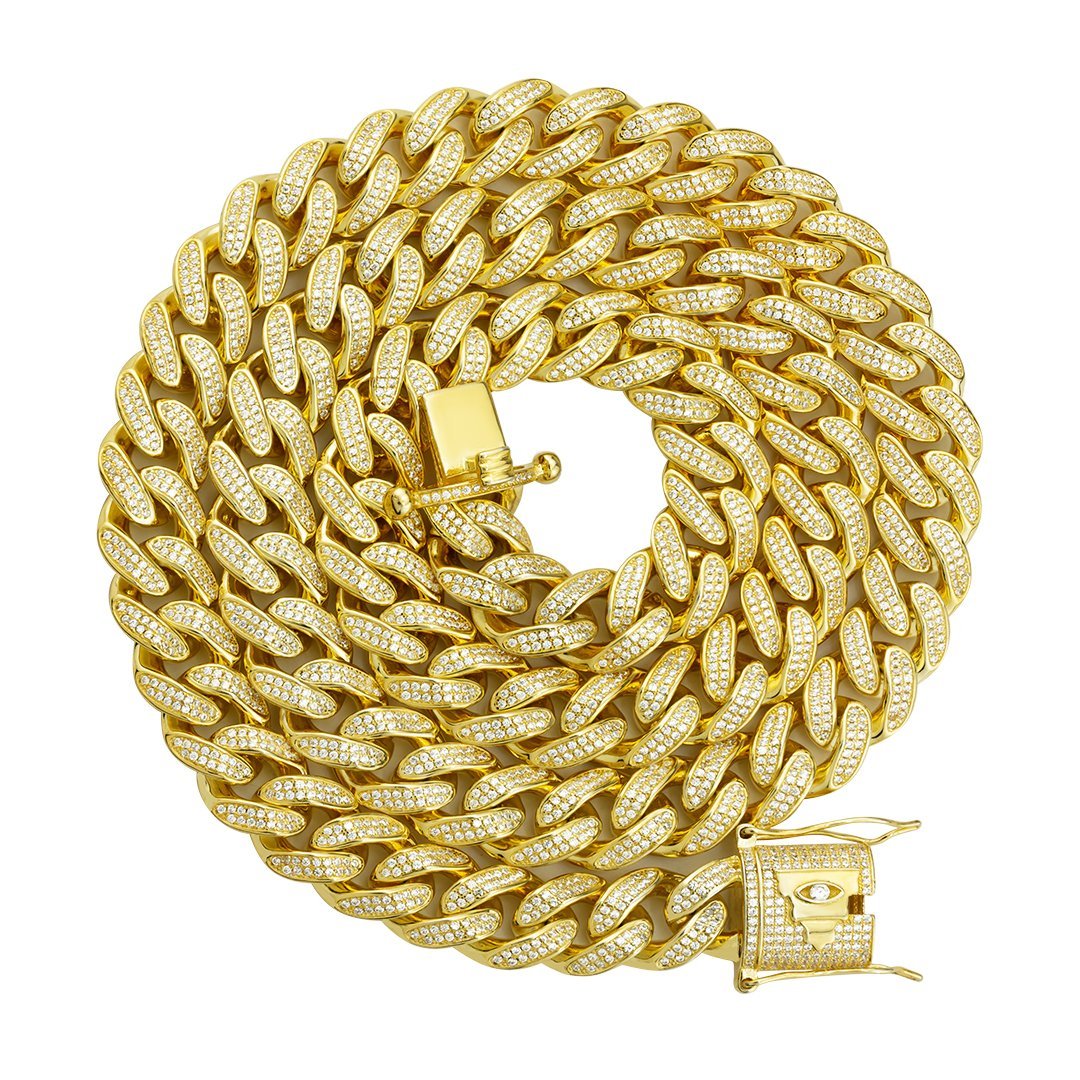 Gold Plated Silver Cuban Chain With CUBIC ZIRCONIA STONES 12.5 mm