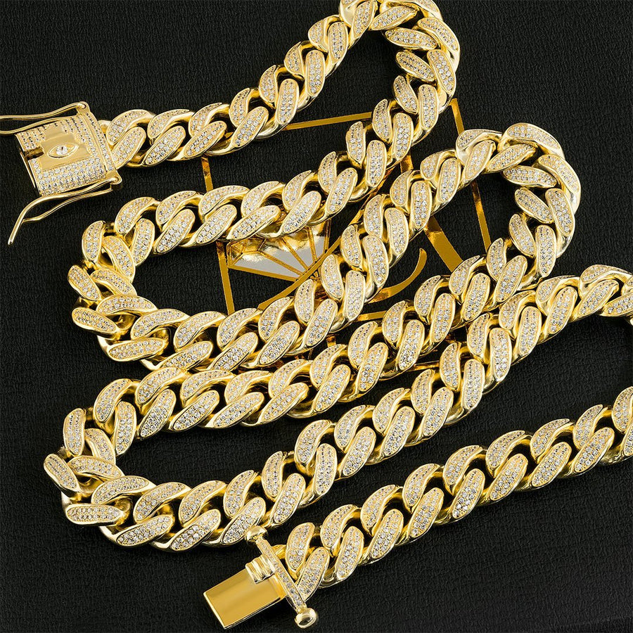 Gold Plated Silver Cuban Chain With CUBIC ZIRCONIA STONES 12.5 mm