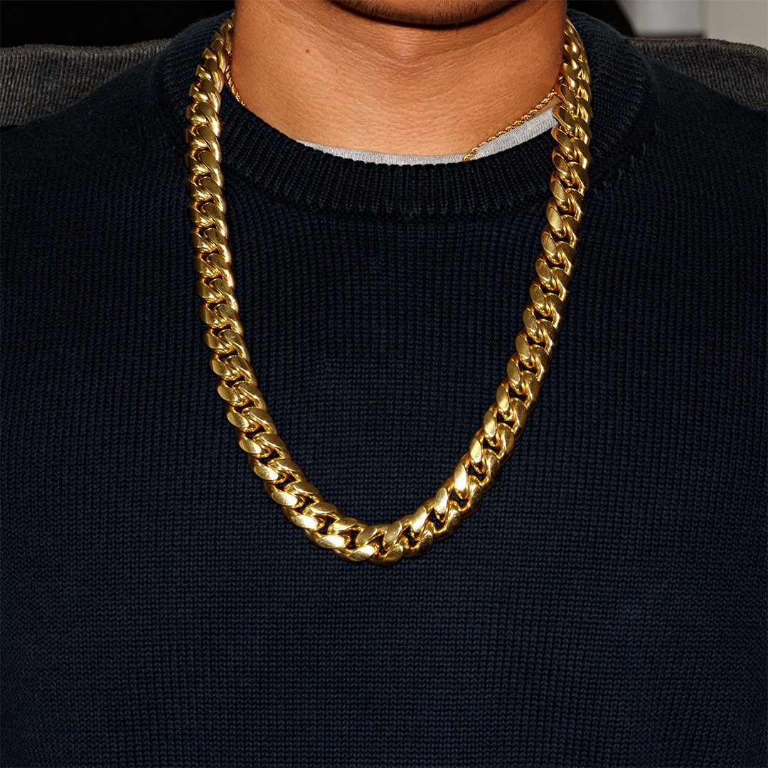 Yellow 14k Gold Plated Sterling Silver Cuban Link Chain 26 Inches 15 mm