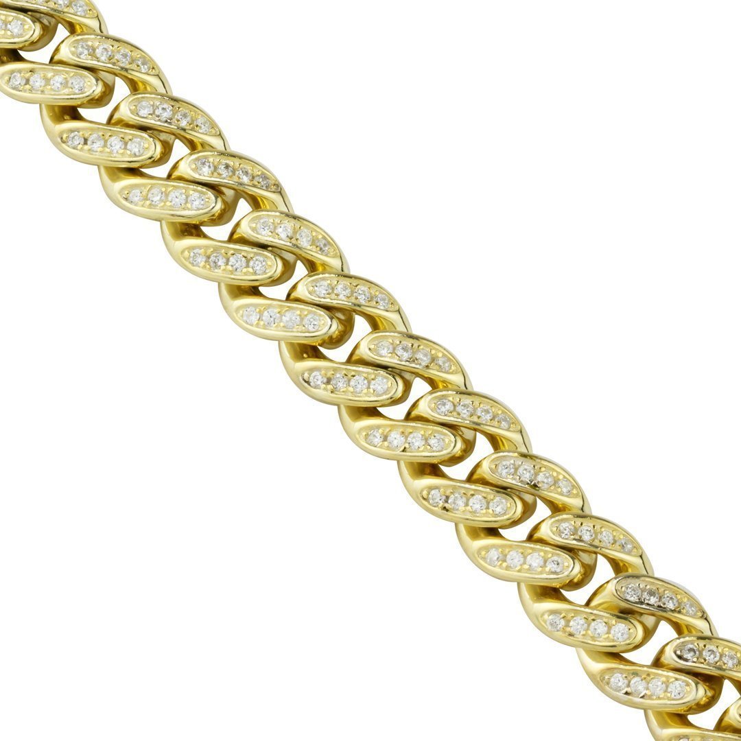 Yellow 14k Gold Plated Sterling Silver Mens Lab Created Stones Cuban Chain 30 inches 8.5 mm