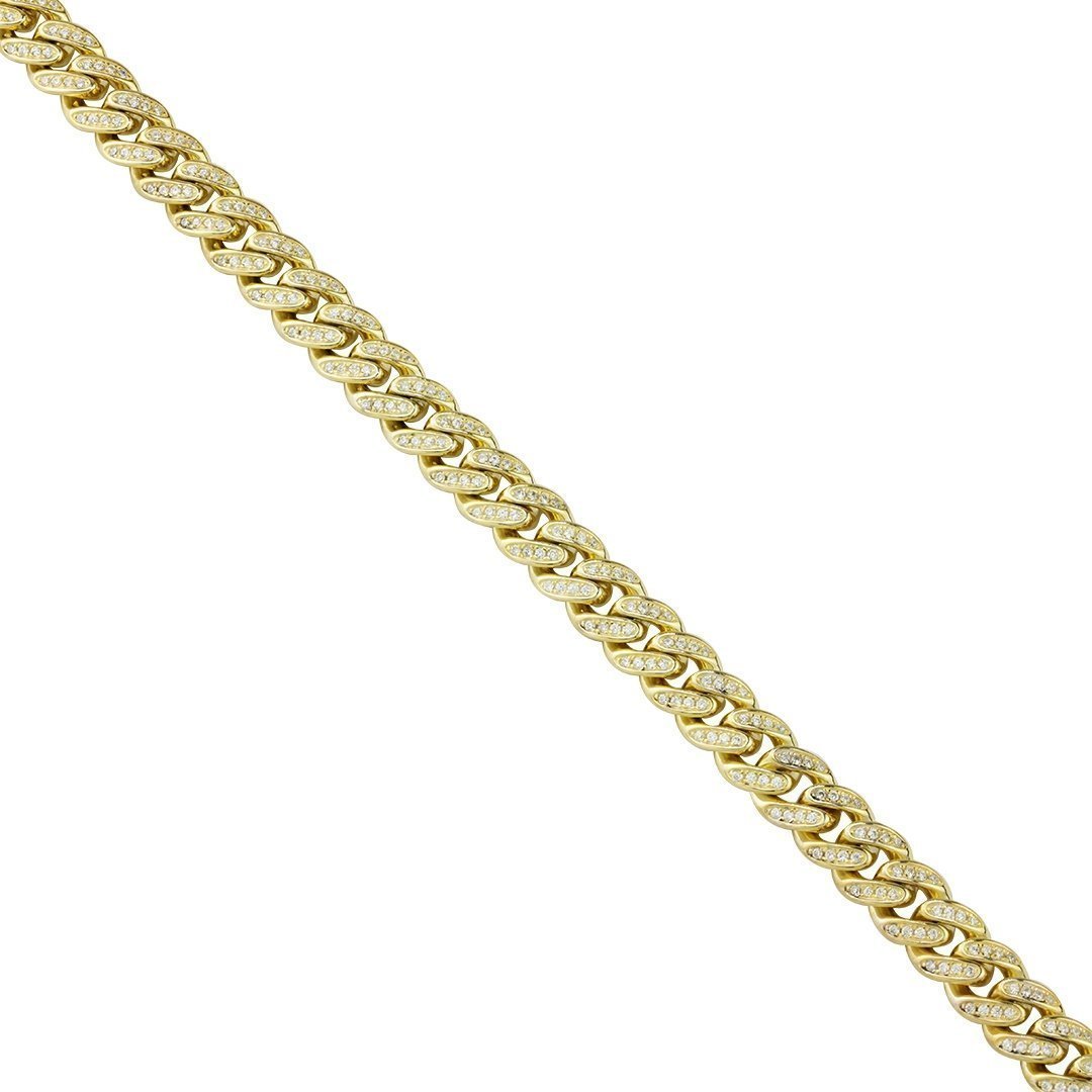 Yellow 14k Gold Plated Sterling Silver Mens Lab Created Stones Cuban Chain 30 inches 8.5 mm