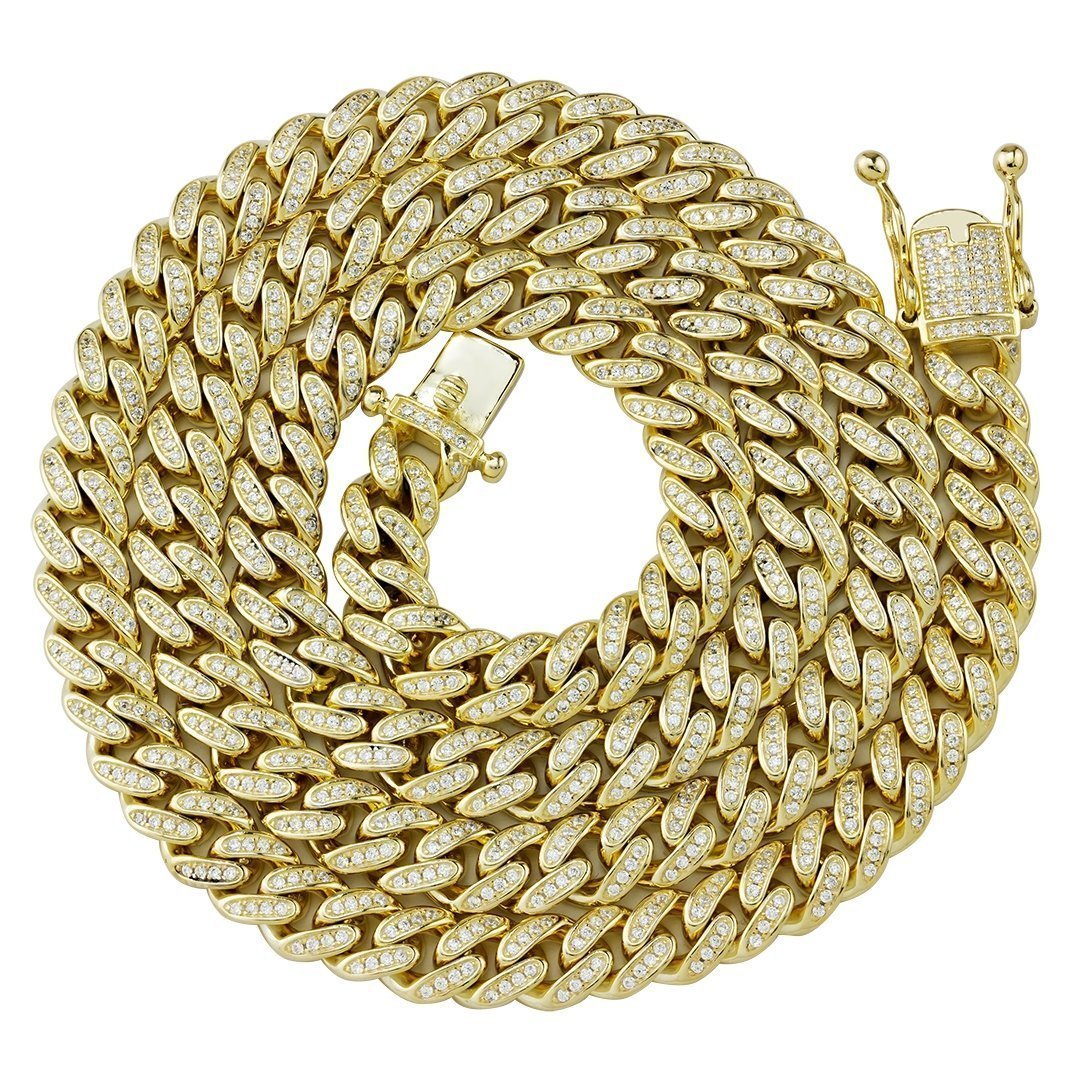 Yellow 14k Gold Plated Sterling Silver Mens Lab Created Stones Cuban Chain 30 inches 8.5 mm
