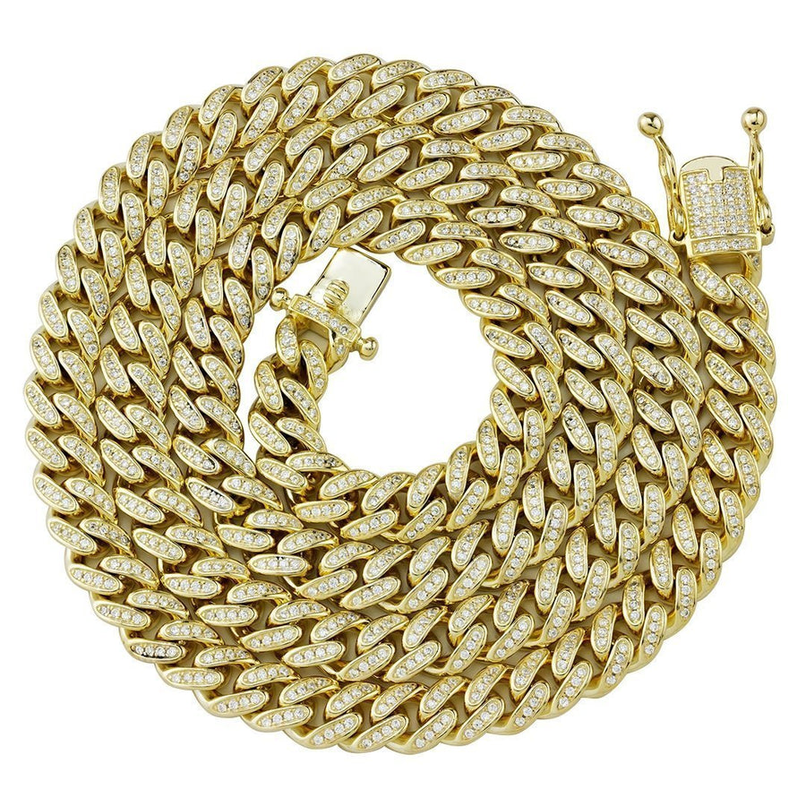 Yellow 14k Gold Plated Sterling Silver Mens Lab Created Stones Cuban Chain 30 inches 8.5 mm