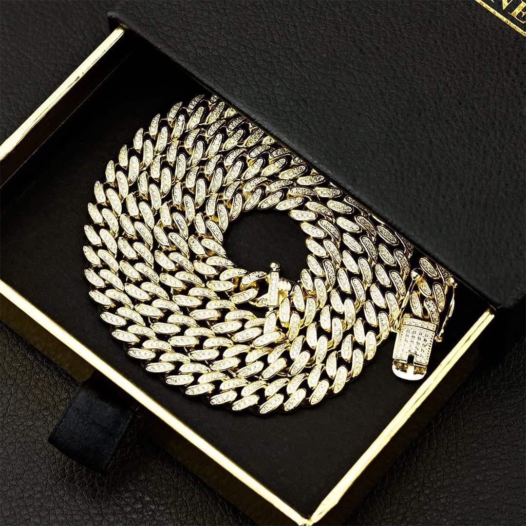 Yellow 14k Gold Plated Sterling Silver Mens Lab Created Stones Cuban Chain 30 inches 8.5 mm