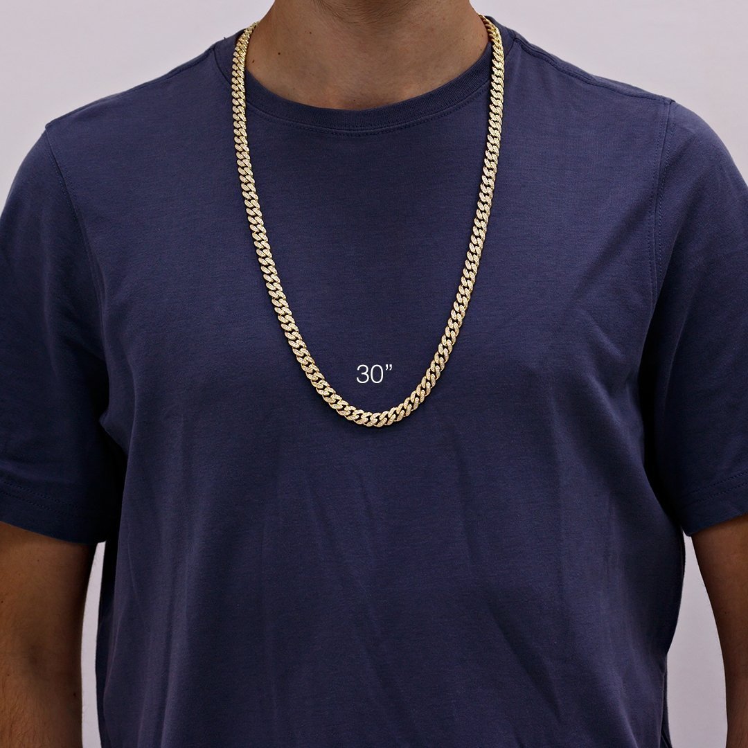 Yellow 14k Gold Plated Sterling Silver Mens Lab Created Stones Cuban Chain 30 inches 8.5 mm