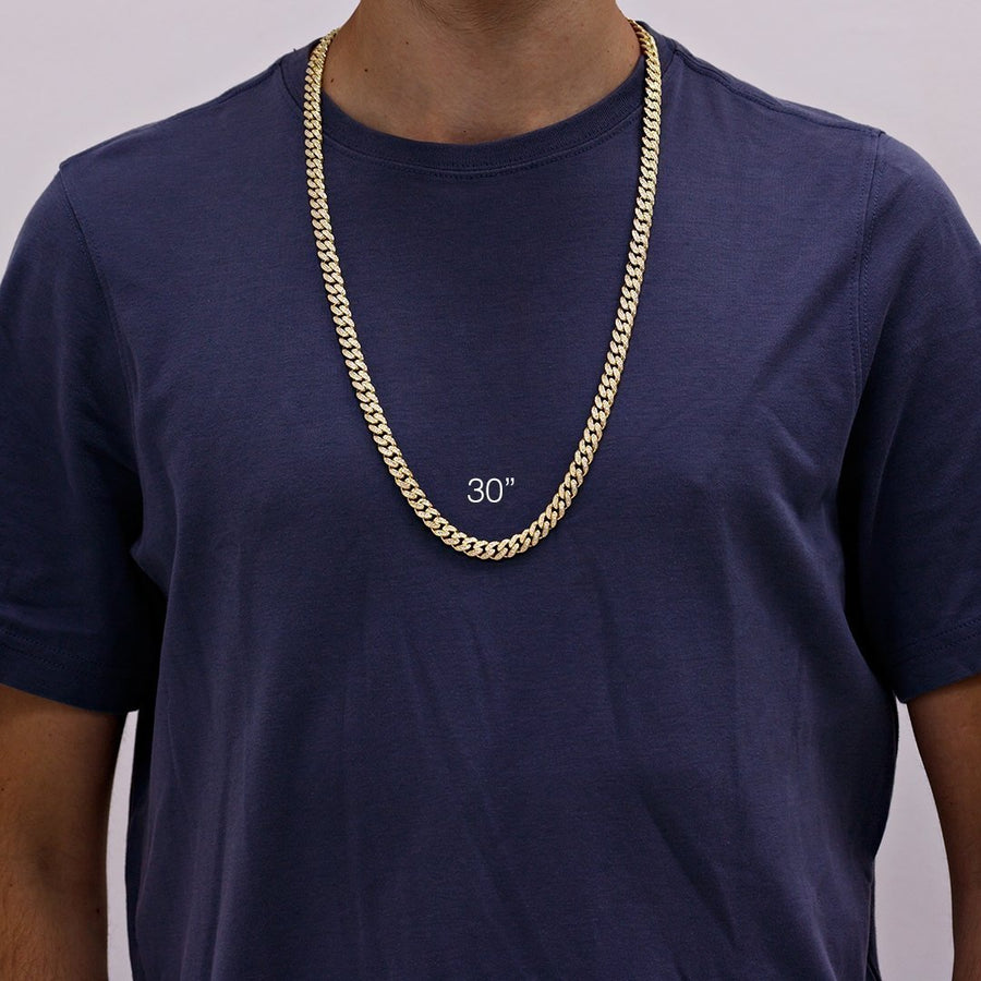 Yellow 14k Gold Plated Sterling Silver Mens Lab Created Stones Cuban Chain 30 inches 8.5 mm